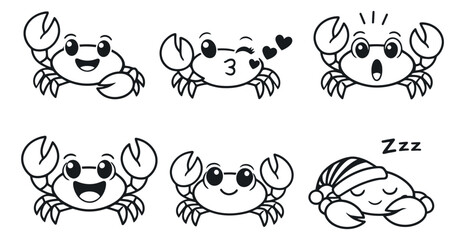 Obraz premium Cartoon hand drawn line art crab characters set featuring various expressive emotions including happy, surprised, winking, and sleeping for kid's projects and marine themes