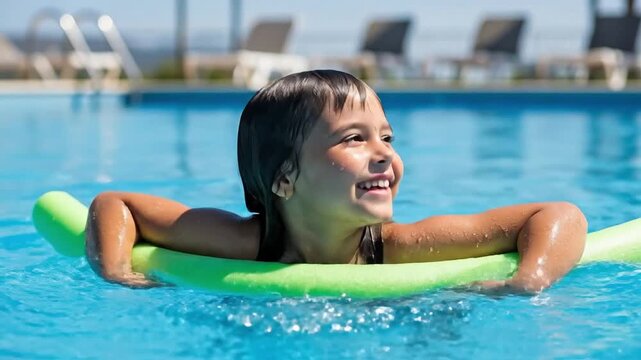 Joyful Young Girl Swimming in Pool with Swimfloat on a Sunny Day, Smiling and Playing in Water