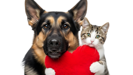 A dog and cat holding a red heart on transparent background for valentines day friendship and love