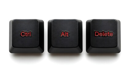 Three black keyboard keys Ctrl, Alt, and Delete in a row on white background