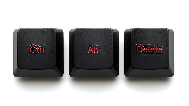 Three black keyboard keys Ctrl, Alt, and Delete in a row on white background