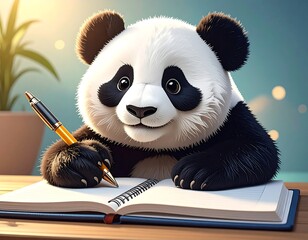 Adorable panda writing in notebook, soft lighting
