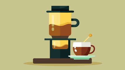 A coffee maker with a cup of coffee on a plate. The coffee maker is on a wooden table