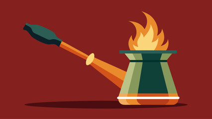 A green and black pot with a flame on top. The pot is on a red background. Concept of warmth and comfort, as the flame on the pot suggests that it is being used for cooking or heating