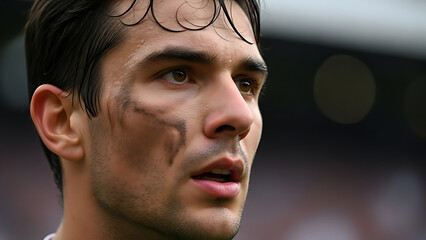 Closeup of a male soccer player with black face paint