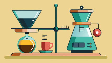 A coffee maker with a glass carafe and a cup on top of it. The coffee maker is on a table with a wooden surface