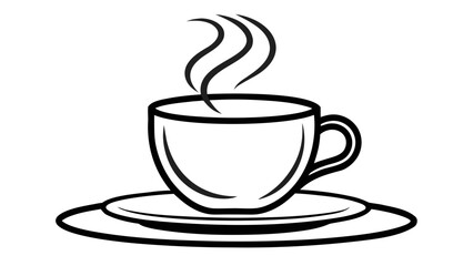 A cup of coffee is on a white plate. The steam from the coffee is rising up and filling the space around the cup