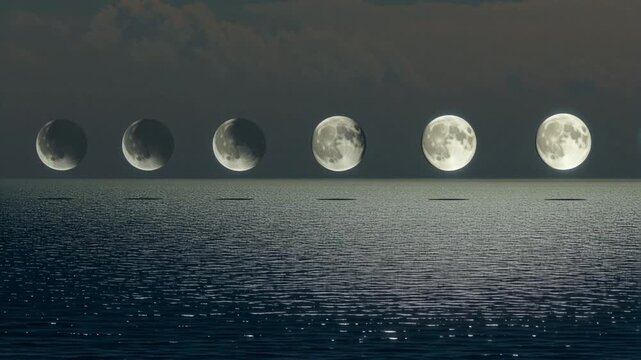 Sequential depiction of the moon phases progressing from crescent to full over the dark ocean surface under a twilight sky, illustrating celestial cycles clearly.