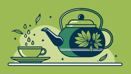 A green tea kettle sits on a table next to a cup of tea. Concept of relaxation and warmth, as tea is often associated with calming and soothing experiences