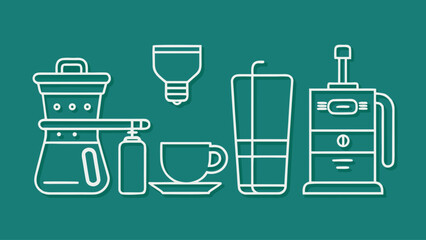 A green background with a line drawing of coffee making equipment. The equipment includes a coffee maker, a French press, a coffee grinder, a coffee pot, a coffee mug, and a bottle