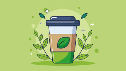 A coffee cup with a leaf on it is on a green background. The cup is made of paper and has a lid