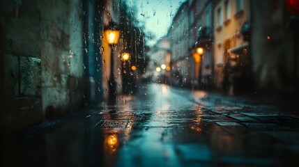 Viewing a dimly lit, narrow European cobblestone street scene at night through a window covered in heavy raindrops creating streaks and bokeh lights