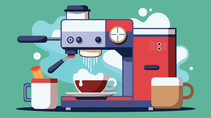 A coffee maker with a cup of coffee next to it. The coffee maker is red and white