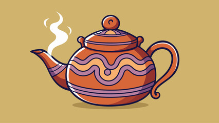 A cartoon drawing of a tea pot with steam coming out of it. The pot is orange and purple with a white handle