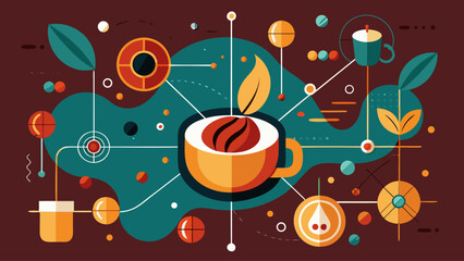 A colorful drawing of a cup of coffee with a leaf on top. The image is abstract and has a futuristic feel to it