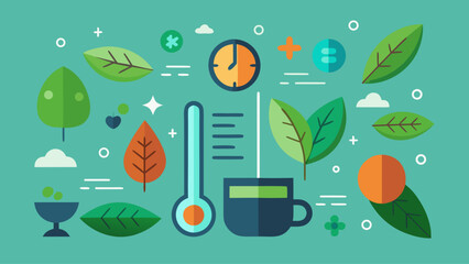 A green background with a clock and a thermometer. The clock is on the left side of the image and the thermometer is on the right side. There are also some leaves