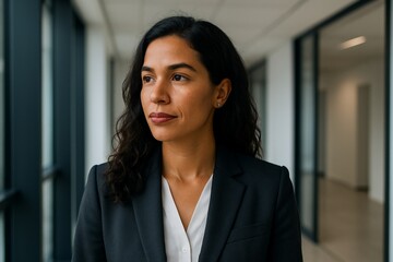Portrait of Brazilian woman wear suit standing in bright modern office hallway.