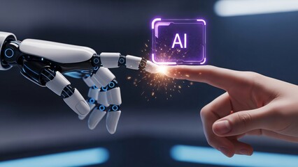 Human hand interacting with ai-powered robot