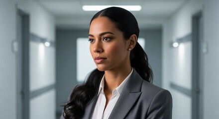 Portrait of Brazilian woman wear suit standing in bright modern office hallway.