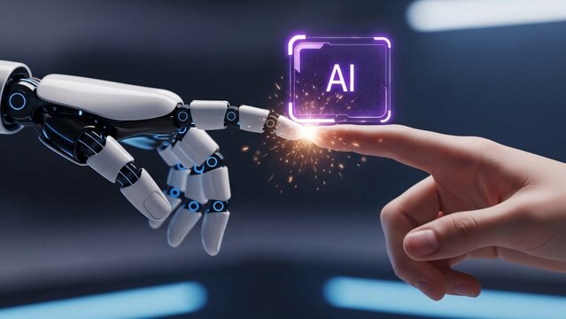 Human hand interacting with ai-powered robot - Powered by Adobe