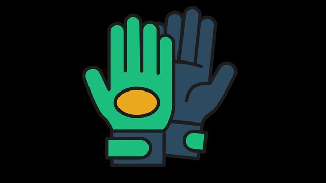 Animated vector icon of goalkeeper gloves symbolizing protection, defense, and professional soccer equipment. Smooth loop animation in flat style.