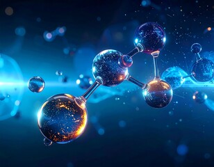 Glowing molecular structure floating in a brilliant blue space
