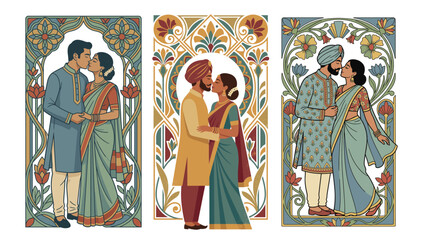 Indian Wedding Moments: Romantic illustrations capturing intimate moments between loving couples. The details of the traditional attire and intricate patterns convey cultural richness. 