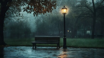 Eerie and atmospheric nighttime park scene featuring a brightly lit vintage street lamp illuminating a wet, empty wooden bench during a heavy downpour