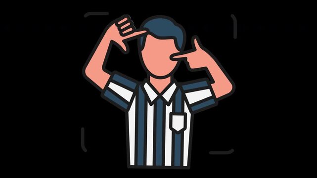 Animated vector icon showing a soccer referee performing the VAR review gesture. Smooth looping animation representing video assistant referee decisions in modern football graphics.