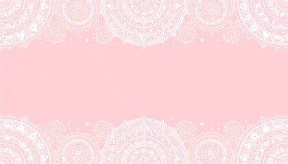 Soft pink background framed by detailed white symmetrical mandala-like designs, creating an elegant border
