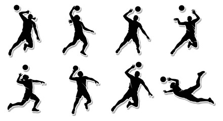 Dynamic collection of volleyball player silhouettes in various action poses, capturing the intensity and athleticism of the sport against a clean white background.