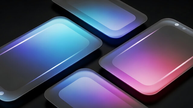 Abstract 3D Glassmorphism Screens with Neon Blue and Pink Gradients on Dark Background