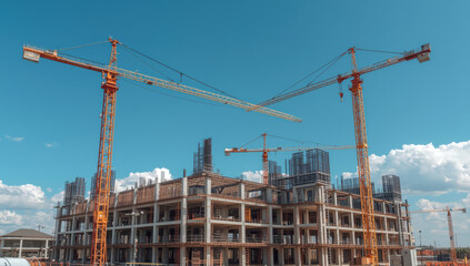 Construction site with tower crane lifting materials above concrete frame building blue sky