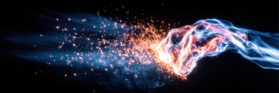 Rising fire embers and sparks with dramatic heat lighting, abstract warm overlay effect and floating burning particles against a dark background for design projects
