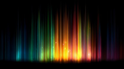 Abstract spectrum of vertical light rays and glowing colorful neon lines on black background