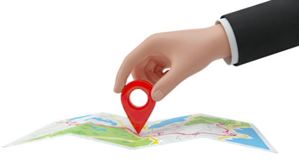 Hand Placing Red Map Pin on a Folded Map