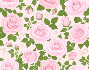 Soft pink roses in full bloom with green leaves and buds, scattered across a pale pink background in a floral pattern
