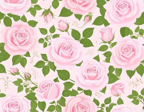 Soft pink roses in full bloom with green leaves and buds, scattered across a pale pink background in a floral pattern - Powered by Adobe