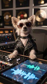 Stylish Small Dog in Sunglasses at Recording Studio Control Desk with Music Equipment and Gold Records