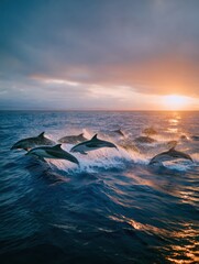 Fototapeta premium Inspiring Golden Hour Dolphin Pod Jumping Premium Tropical Wildlife Content for Advertising and Marketing Campaigns