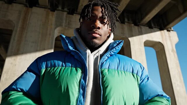 Man in colorful jacket under bridge
