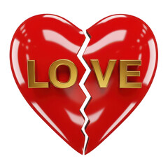 Broken heart with love text, isolated on transparent background