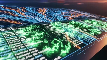 A futuristic digital circuit board with green glowing connections and blue and orange lines on a dark background - Powered by Adobe