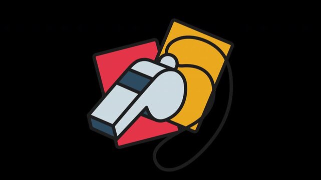 Animated vector icon of a referee whistle with yellow and red cards, representing fouls, penalties, and match control. Smooth loop animation for football visuals.