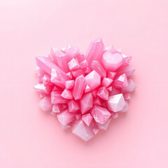Fototapeta premium A heart of pink glossy finish crystals on a pastel pink background. The smooth, monochromatic surface, enhancing the contrast between the crystalline structure and the background
