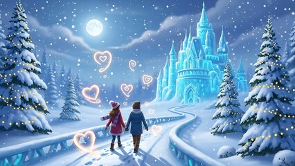 Couple walking towards magical castle on snowy night