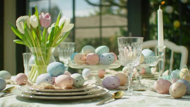 Elegant Easter table setting with pastel colored eggs, tulips, and crystal glassware in a bright room.