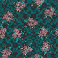 Teal Grid Floral Night Pattern