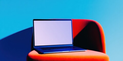 Sleek dark laptop mockup with a blank screen on a vibrant orange red designer chair against a blue background for technology advertising
