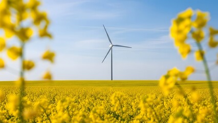 A single wind turbine stands majestically in a vibrant yellow rapeseed field under a clear blue sky, symbolizing renewable energy and sustainable agriculture.